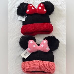 Minnie Mouse Kids Pom-Pom Beanie Hat with Bow - Black and Red / Pink
